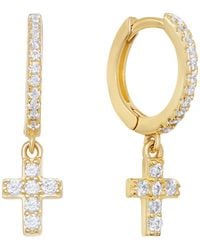 Macy's - Cubic Zirconia Religious Cross Charm Dangle huggie Hoop Earrings - Lyst