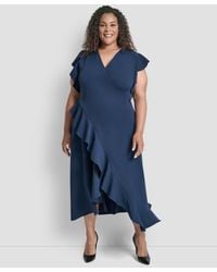 DKNY - Plus Size V-neck Ruffle Sleeve Midi Dress - Lyst