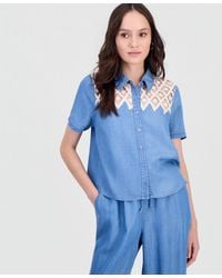 And Now This - Petite Crochet-inset Chambray Short-sleeve Shirt - Lyst