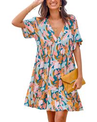 CUPSHE - Soft Tropics Short Sleeve Mini Beach Dress - Lyst