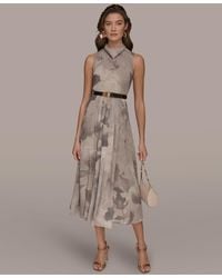 Donna Karan - Sleeveless Cowl Neck Floral Print Belted A-line Midi Dress - Lyst