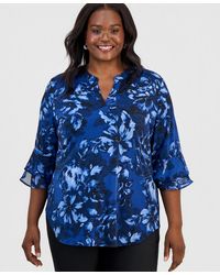 Kasper - Plus Size Split-neck Printed Flutter-sleeve Top - Lyst
