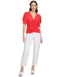 DKNY - V-neck Ruched Knit Elbow-sleeve Top - Lyst