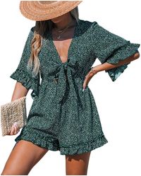 CUPSHE - Green-and-white Polka Dot Front Tie Cutout Romper - Lyst