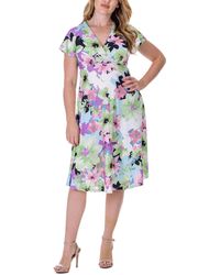 24seven Comfort Apparel - Floral Print V Neck Empire Waist Kimono Cap Sleeve Knee Length Dress - Lyst