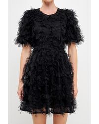 Endless Rose - Gridded Mesh Feathered Puff Sleeve Mini Dress - Lyst