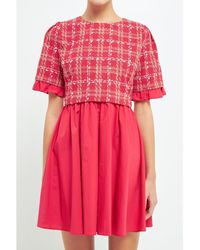 English Factory - Mixed Media Tweed Poplin Mini Dress - Lyst