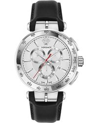 Versace - Swiss Chronograph Aion Black Leather Strap Watch 45mm - Lyst