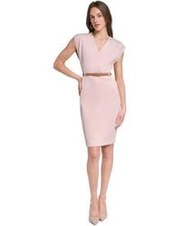 Calvin Klein - Cap-sleeve V-neck Belted Sheath Dress - Lyst
