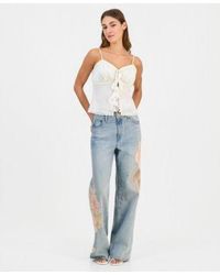 Guess - Sleeveless Saisha Babydoll Top Rey Floral Applique Wide Leg Jeans - Lyst