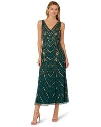 Adrianna Papell - Beaded V-neck Sleeveless Mesh Dress - Lyst