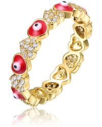 Rachel Glauber Ra Young Adults/teens 14k Yellow Gold Plated With Cubic Zirconia Colorful Enamel Evil Eye Repeating Hearts Stacking Ring - Metallic