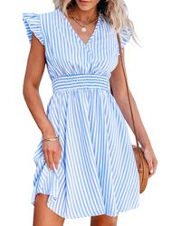 CUPSHE - Blue & Stripe Flutter Sleeve Smocked Waist Midi Beach Dress - Lyst