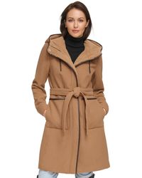 DKNY - Faux-fur Hooded Wool Blend Belted Coat - Lyst
