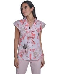 Calvin Klein - Printed Cap-sleeve Ruffle Front Top - Lyst
