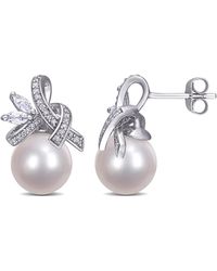Macy's - Freshwater Cultured Pearl (9.5-10mm), White Topaz (2/5 Ct. T.w) And Diamond (1/6 Ct. T.w.) Ribbon Earrings In 10k White Gold - Lyst