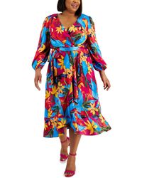 Tahari - Plus Size Printed Long-sleeve Satin Faux-wrap Dress - Lyst
