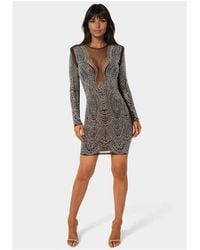 Bebe - Long Sleeve Embellished Illusion Mesh Mini Dress - Lyst