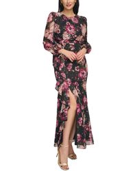 Eliza J - Floral-print Long-sleeve Cascade Maxi Dress - Lyst