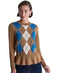 BCBGMAXAZRIA - Long-sleeve Crewneck Argyle Peplum Sweater - Lyst