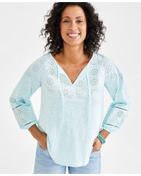 Style & Co. - Eyelet-trim Tie-neck Peasant Top - Lyst