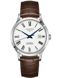 Longines - Swiss Automatic Record Chronometer Brown Leather Strap Watch 40mm - Lyst