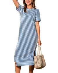 CUPSHE - Blue & White Stripe Short Sleeve Maxi Knit Beach Dress - Lyst