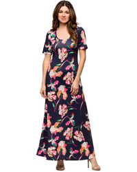 24seven Comfort Apparel - Navy Floral Print Elbow Sleeve Casual A Line Maxi Dress - Lyst