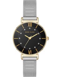 Anne Klein - Quartz Premium Round Silver-tone Stainless Steel Mesh And Black Dial Watch - Lyst