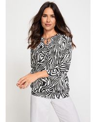 Olsen - Cotton Blend 3/4 Sleeve Zebra Print Tie-neck T-shirt - Lyst