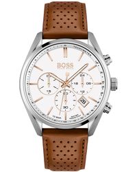 BOSS - Chronograph Champion Brown Perforated Leather Strap Watch 44mm - Lyst