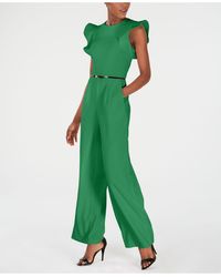 Calvin Klein Belted Ruffle-sleeve Jumpsuit, Regular & Petite Sizes - Green