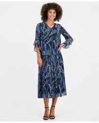 Kasper - Printed V Neck Ruffle Sleeve Blouse Pleated Pull On Midi Skirt - Lyst
