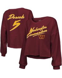 Majestic - Jayden Daniels Washington Commanders Off-shoulder Script Player Name Number Cropped Long Sleeve V-neck T-shirt - Lyst