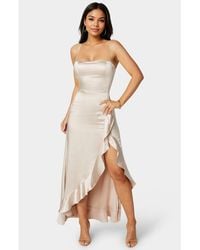 Bebe - Satin Ruffle Maxi Lace Up Back - Lyst