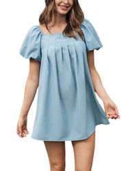CUPSHE - Soft Blue Square Neck Puff Sleeve Mini Beach Dress - Lyst