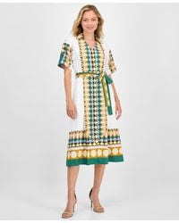 Tahari - Printed Elbow-sleeve Tie-waist Split-neck Midi Dress - Lyst