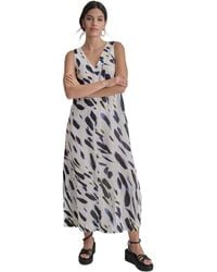 DKNY - Printed Linen V-neck Sleeveless Maxi Dress - Lyst