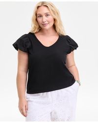 On 34th - Trendy Plus Size U-neck Short-puff-sleeve Cotton Top - Lyst