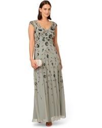 Adrianna Papell - V-neck Beaded Mesh Dress - Lyst