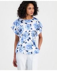 Anne Klein - Flutter Sleeve Smocked Waist Floral Top - Lyst