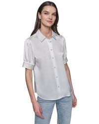 Karl Lagerfeld - Satin Rhinestone-cuff Button-front Top - Lyst