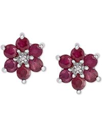 Natural Red Ruby Cluster Flower Stud Earrings White gold over sterling silver 