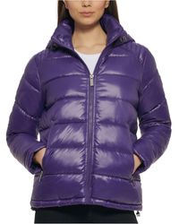 Guess High-shine Hooded Puffer Coat - Purple