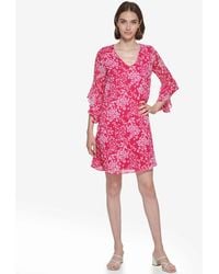 Calvin Klein - Floral-print Chiffon 3/4-sleeve Dress - Lyst
