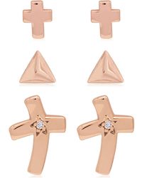 Link Up Link Up 3-piece Set Triangle And Crosses Stud Earrings In 18k Rose Gold Over Sterling Silver - Metallic