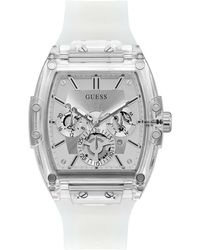 Guess - Multi-function Transparent And Silver-tone Silicone Strap Watch 43mm - Lyst