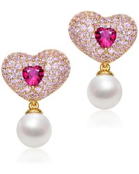 Genevive Jewelry - Sterling Silver & 14k Gold-plated Red Cubic Zirconia Heart Earrings - Lyst