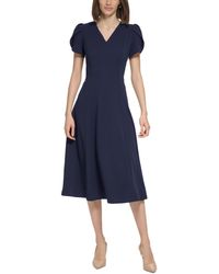 Calvin Klein - Petite Tulip-sleeve V-neck Midi Dress - Lyst