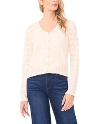 Cece - V-neck Pointelle Cotton Cardigan Sweater - Lyst